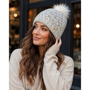 FatFace Knit Beanie Hat Gray w White Pom Winter Cap One Size